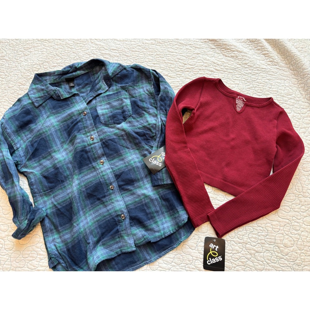 Art Class Girls Plaid Flannel Button Down and Maroon Waffle Knit Crop Top Size 8